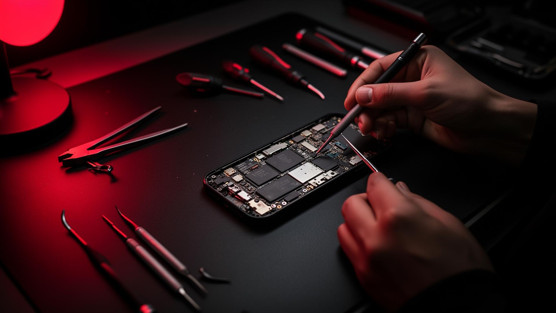 Technician repairing a smartphone on a workbench with red ambient light